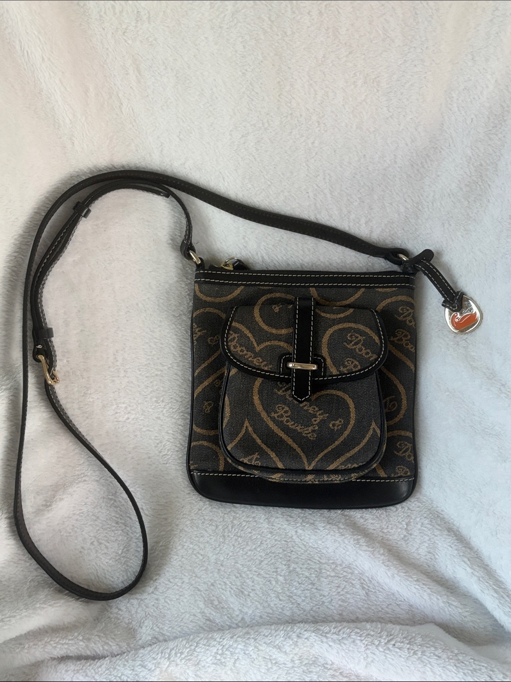 Dooney & Bourke Black and Brown Heart-Print Crossbody Purse